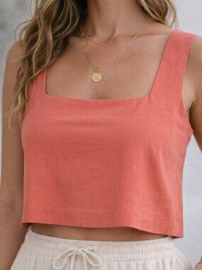 Grace & Mila Coral Back‑Tie Crop Top | Lyocell Linen | Size S NWT